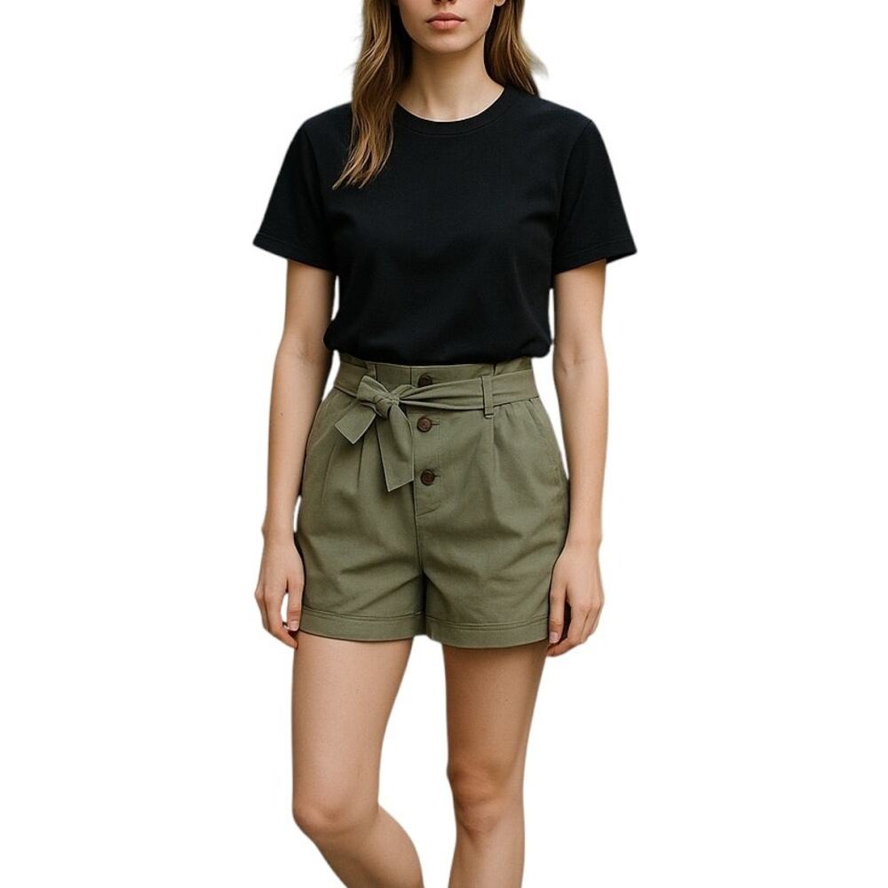 Topshop Green Coated Button Front Tie Waist Shorts